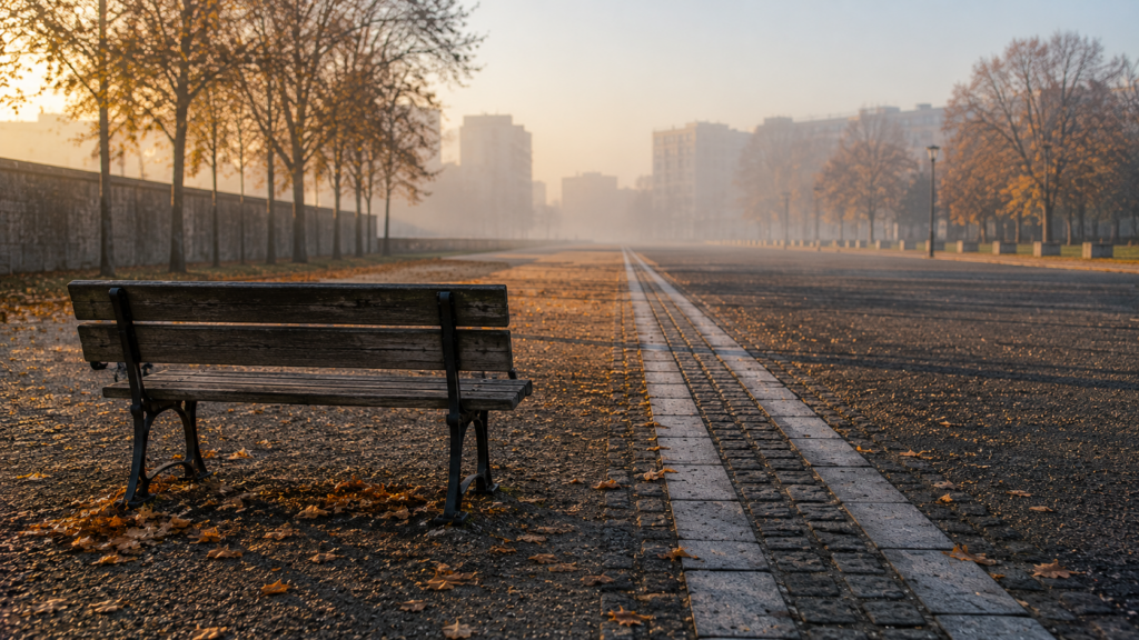 Üres pad a berlini fal egykori nyomvonalát jelző kövezett sáv mellett egy őszi reggelen.