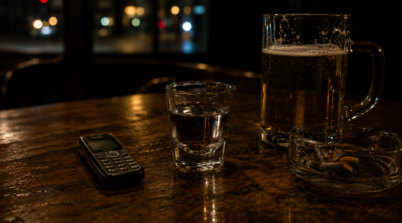Régi gombos mobiltelefon, korsó sör, vodkás pohár és hamutartó egy faasztalon egy félhomályos presszóban