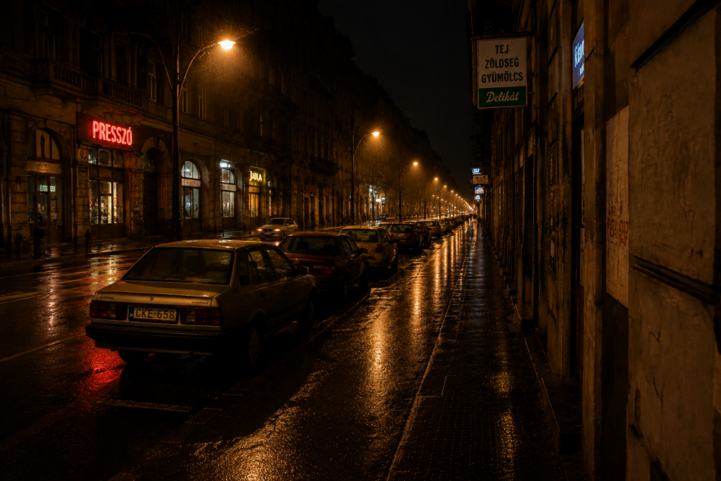 Eső áztatta budapesti utca éjszaka, régi bérházakkal, parkoló autókkal és egy vörös neonfényű presszóval a háttérben.