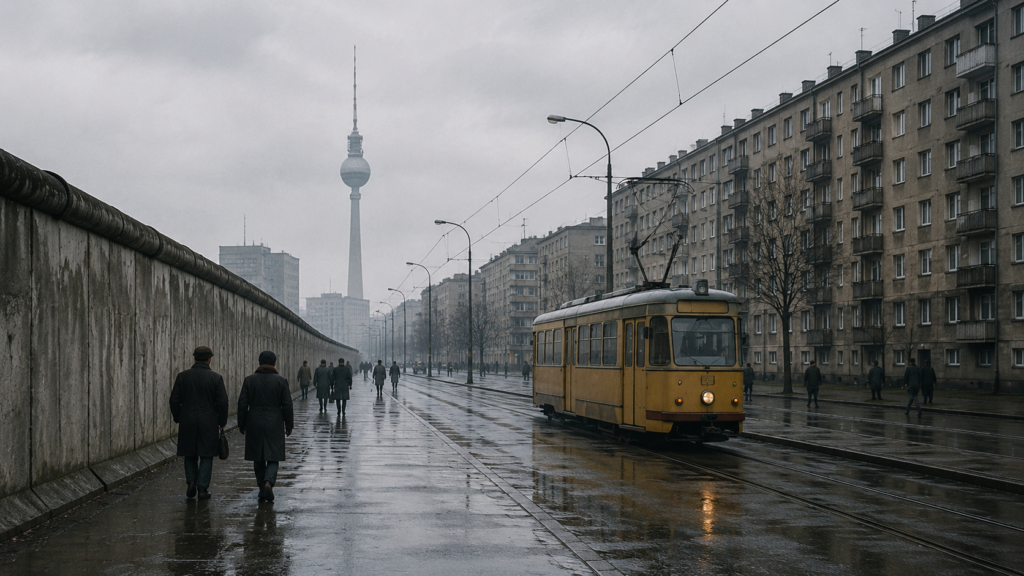 Esős utca Kelet-Berlinben a berlini fal mellett, sárga villamossal, panelházakkal és a TV-toronnyal a háttérben.