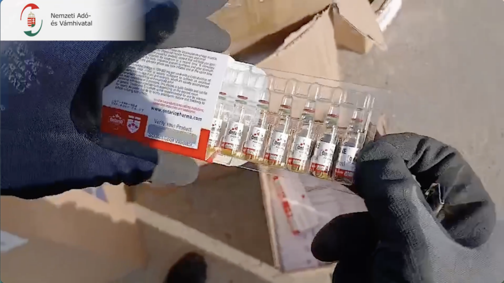 NAV pénzügyőrei injekciós ampullákat tartalmazó hormonkészítményt vizsgálnak egy közúti ellenőrzés során.