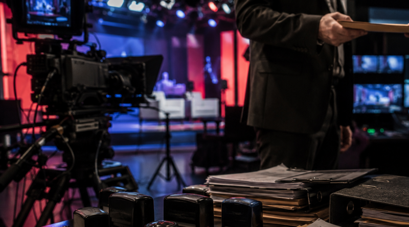 Televíziós stúdió kulisszái dokumentumokkal, bélyegzőkkel és filmes felszereléssel.