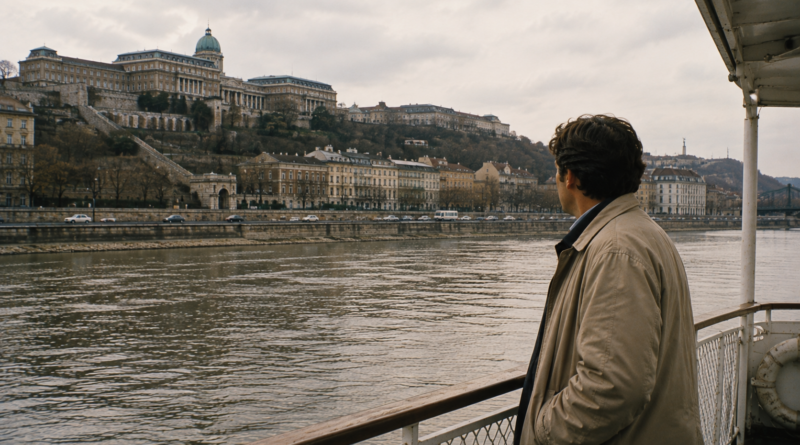 Férfi egy dunai városnéző hajóról nézi Budapest budai oldalát