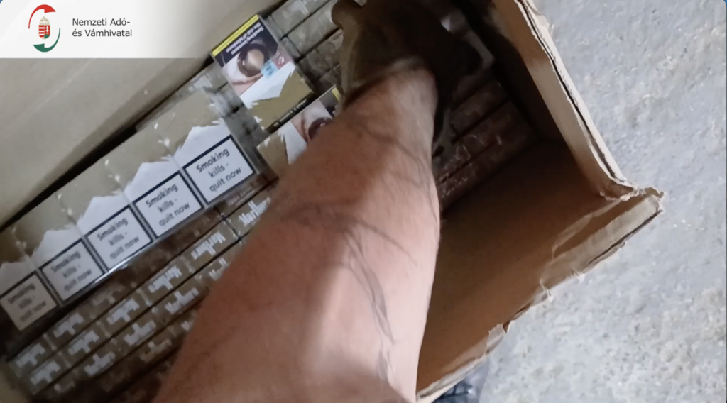 Zárjegy nélküli cigarettásdobozok egy kartondobozban a NAV illegális dohánygyárban végzett ellenőrzése során.