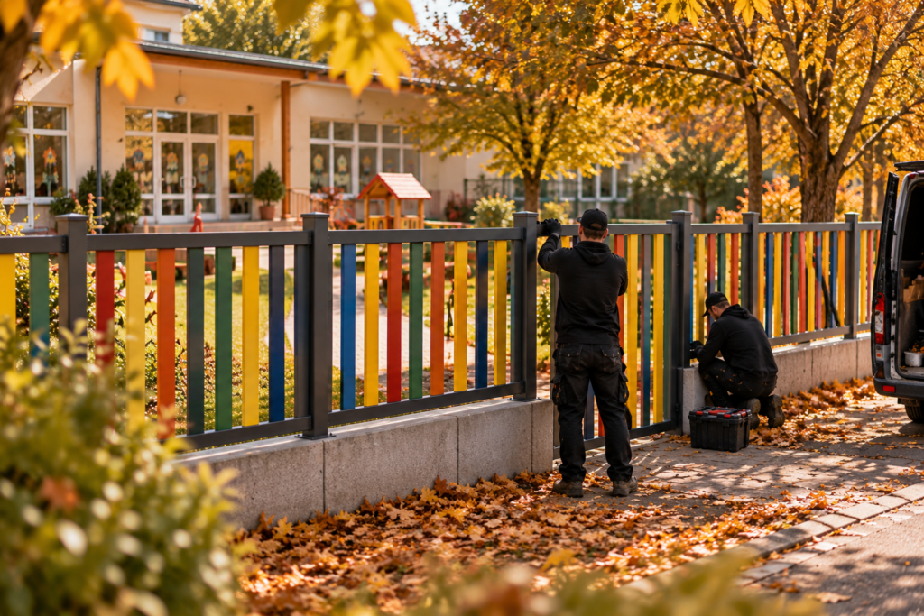 Színes óvodai kerítés utolsó szerelési munkálatai ősszel